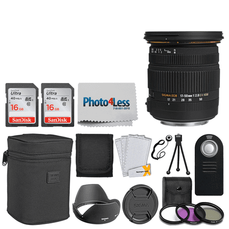 Sigma 17-50mm f/2.8 EX DC OS HSM Zoom Lens for Canon DSLRs with APS-C Sensors + 32GB Memory Card + 77mm Filter + Remote Control + Tripod + Memory Card Wallet + Photo4Less Cloth + Lens Cap