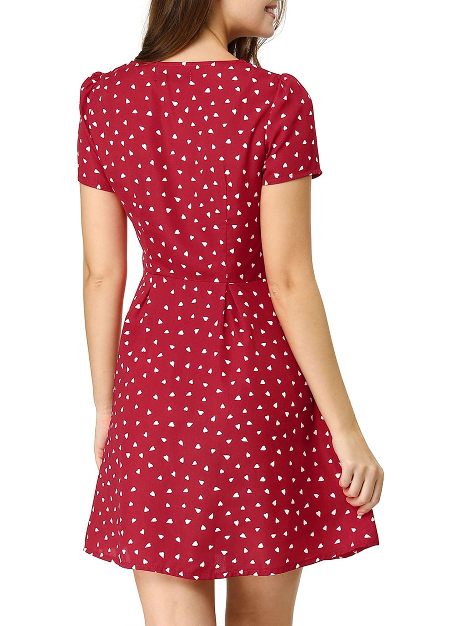 DARING DIVA Square Neck Short Sleeve Print A-Line Dress XS Red-Heart