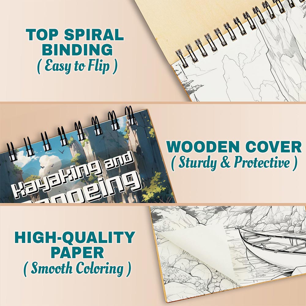 Kayaking and Canoeing Coloring Book Spiral Bound for Adults, A5 Wooden Cover, 30 Coloring Pages of Serene Water Scenes, Adventure Landscapes, Paddle Designs for Stress Relief and Relaxation