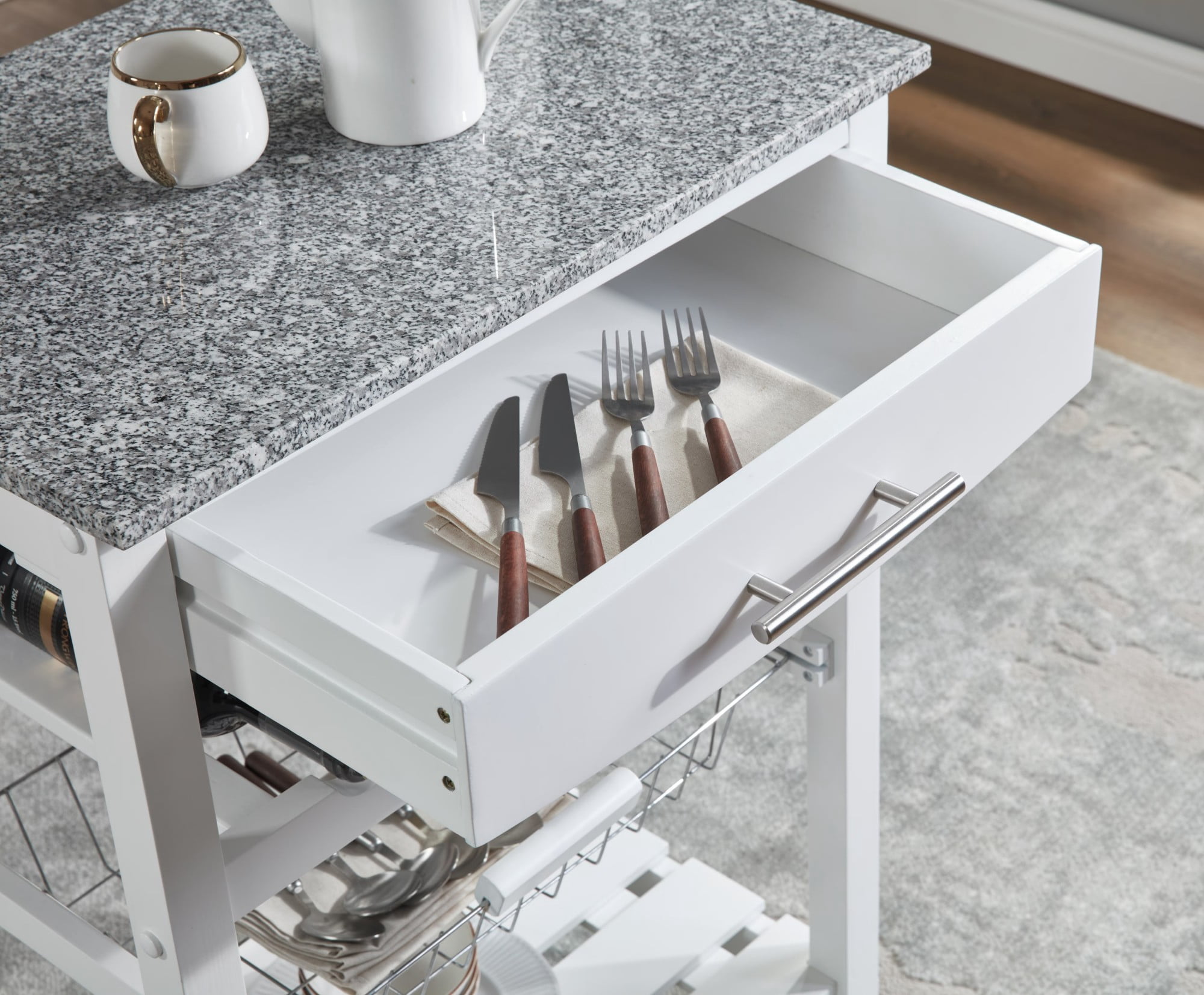 Mobile Rolling Kitchen Island Cart with Marble Top, Kitchen Trolley with Drawer, Slide-Out Wire Basket, Lockable Casters, Portable Serving Cart for Kitchen, Dining Room, White