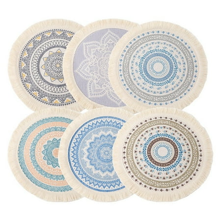 

Nordic Boho Placemats Mandala Round Woven Cotton Macrame Tassels Boemian Table Mats Washable Heat Resistant Place Mats