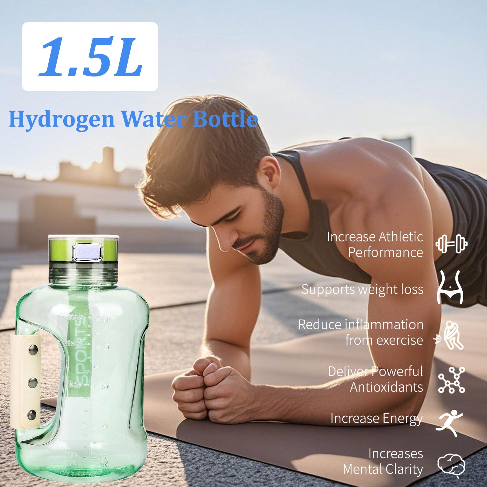 50oz Hydrogen Water Bottle, 1.5L Large Capacity Leak Proof Sports Drinking Bottle with Handle and Shoulder Strap, Portable Sports Water Bottle for Gym, Exercise and Outdoor Scenes