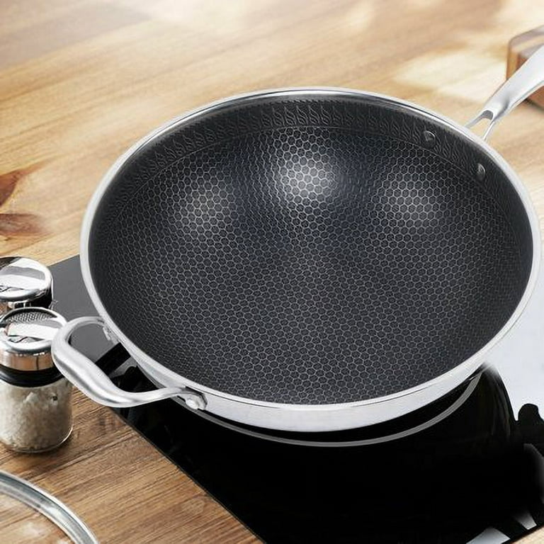 Double Sided Honeycomb Cooking Frying Pan Stainless Steel Non Stick Wok w/  Lid