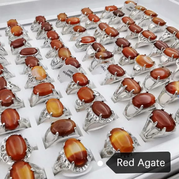 HOOUN 50Pcs Wholesale Lot Mixed Ring Natural Stone Rings Women Gemstone Jewelry Bulk-Red agate