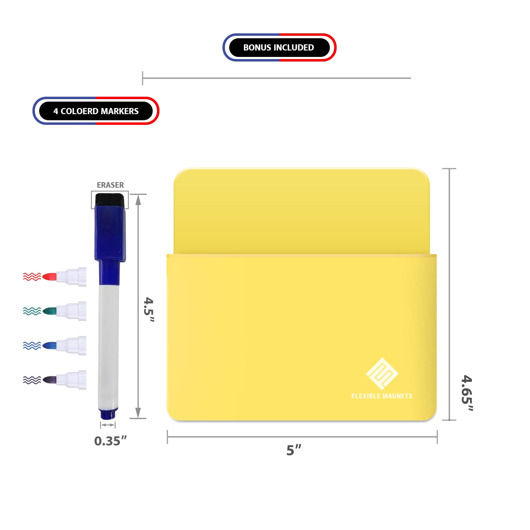 Magnetic Marker Holder, Strong Durable Plastic With Magnetic Back. Includes 4 Colored Markers With Eraser On Cover. (Yellow)