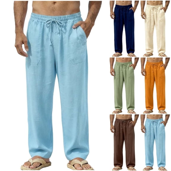 Hinvhai Men's Casual Linen Cotton Pants Elastic Waist Summer Beach Trousers Lightweight Yoga Vacation Pants Orange