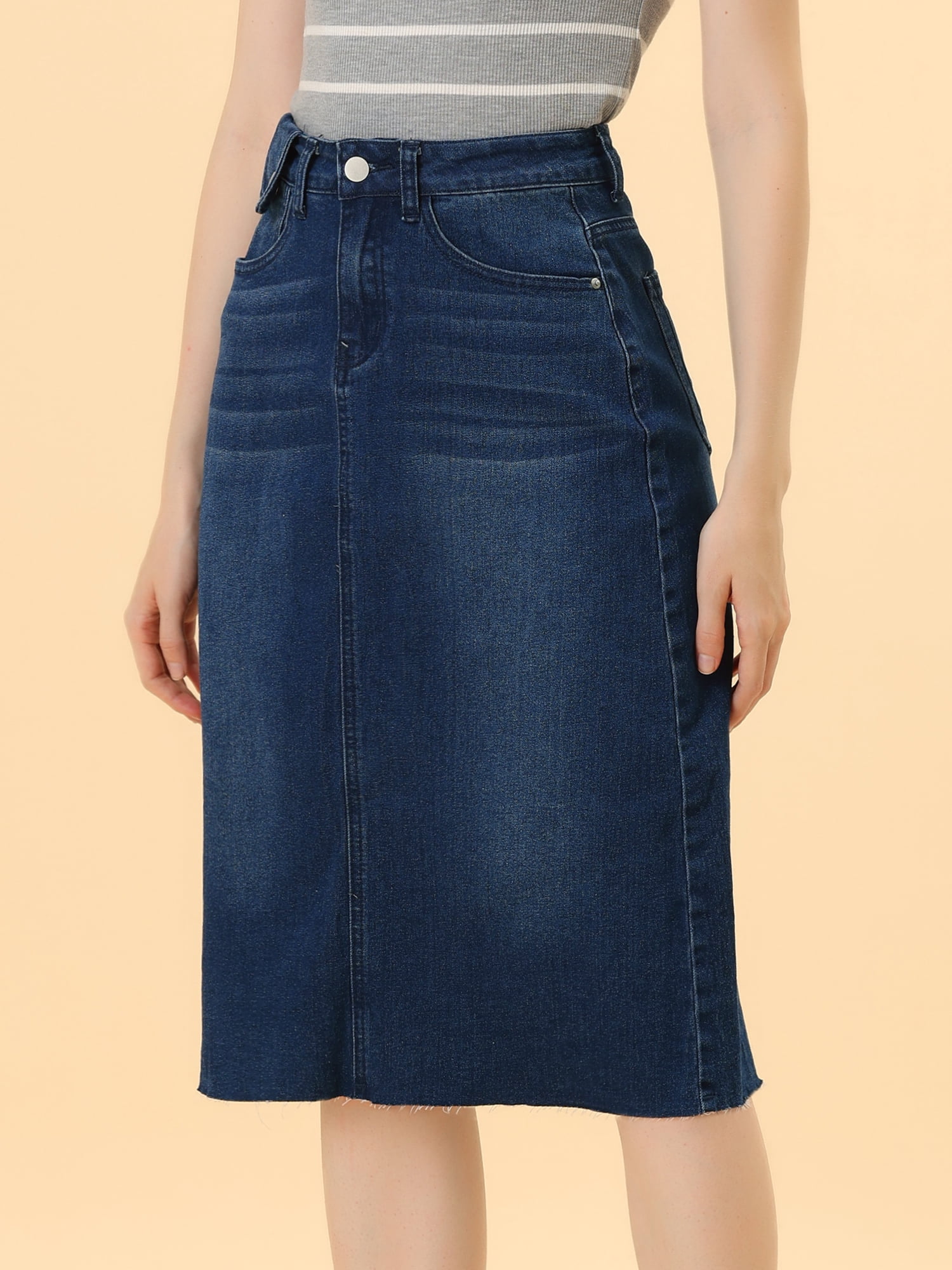 DARING DIVA Women's Jean Back Vent Midi Length Denim Skirts XL Dark Blue