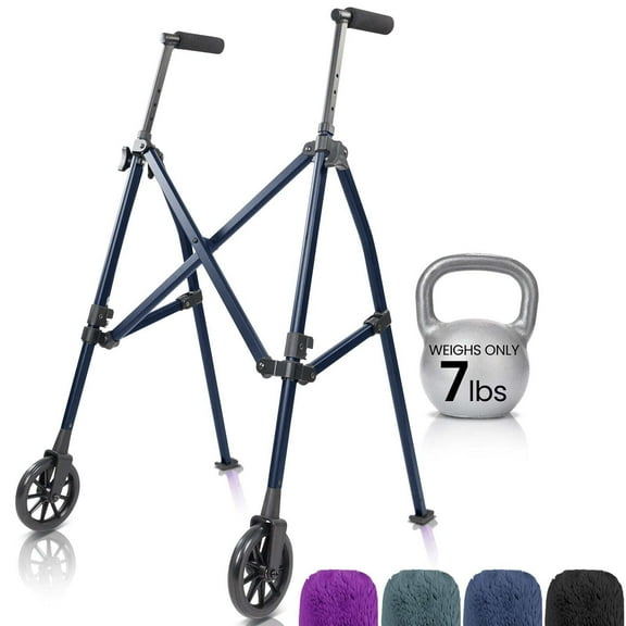 Vive Compact Airframe Walker, Rolling Mobility Aid for Seniors and Adults, Foldable & Lightweight with 6-Inch Wheels, Rear Ski Glides, and Adjustable Height, Blue