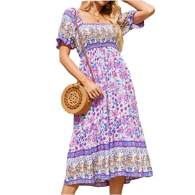 Faithtur Robe d'Été Bohème pour Femmes Manches Courtes Poitrine Plissée Motif Floral Style Boho Jupe à Gâteau