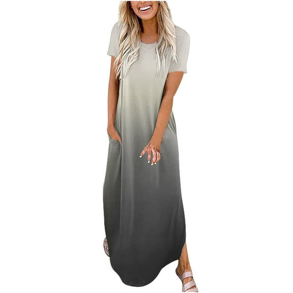 Wycnly Formal Dresses for Women Casual Loose Pocket Irregular Slit Beach Boho Maxi Sundress Round Neck Short Sleeve Gradient Print 2024 Summer Long Dress Gray s
