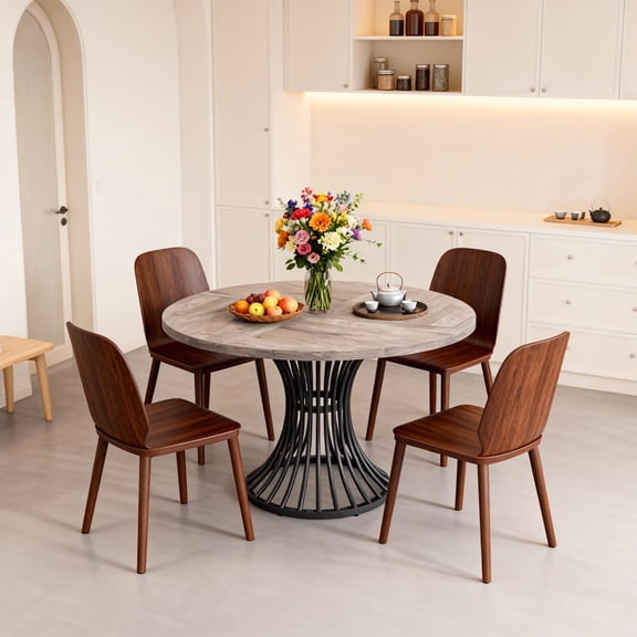 KIOOTTO 47" Round Dining Table for 4-6, Gray Farmhouse Kitchen Table with Pedestal Base