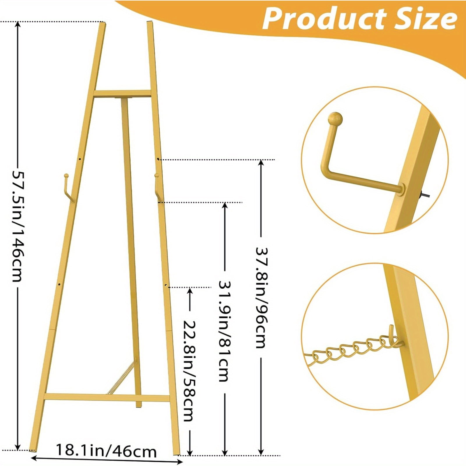 46" H Adjustable Metal Floor Standing Easel with Chain Support, Perfect for Showcasing Pictures, Artwork, Wedding Sign, Gold