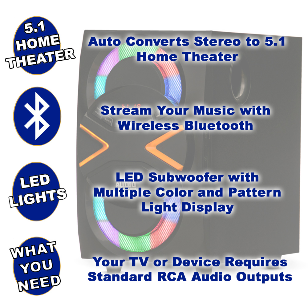 Acoustic Audio AA5210 Home 5.1 Speaker System with Bluetooth LED Lights Optical Input and 5 Ext. Cables - image 2 of 7