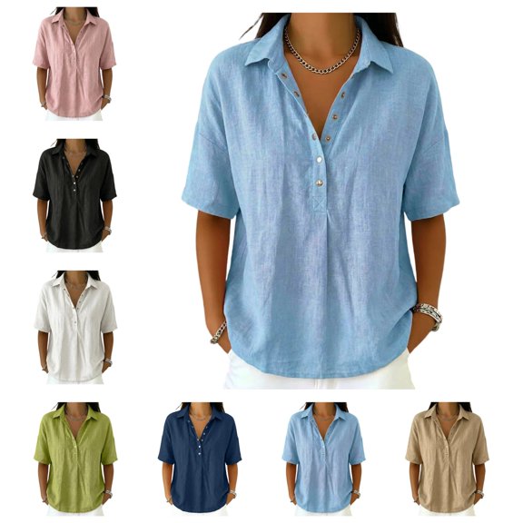 Fgvctg Cotton Linen Polo Shirt Basic T-Shirts Cozy Loose Fit Blouses Dressy Casual Gauze Shirts Outfits Cotton Linen Shirts Short Sleeve V Neck Tshirt Shirts Summer Top Work Blouse Light Blue S
