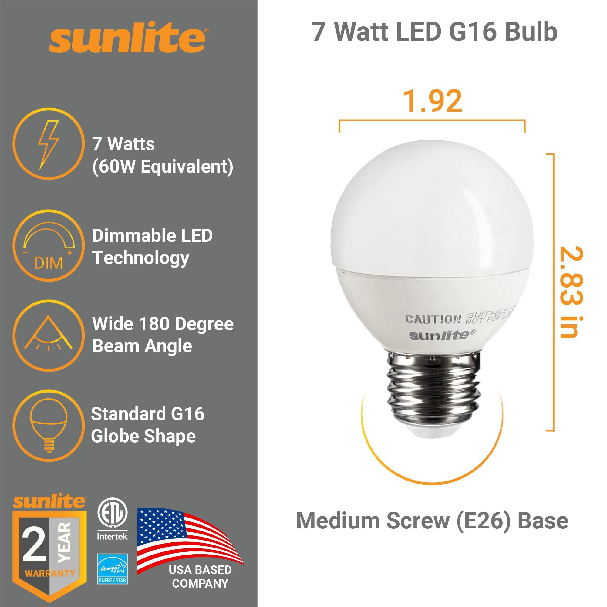 Sunlite LED G16 Globe Light Bulb, 7 Watts (60W Equivalent), 500 Lumens, Dimmable, Medium E26 Base, Short-Bulbs, Vanity Bulbs, Listed, Frosted, 2700K Soft White, 6 Count
