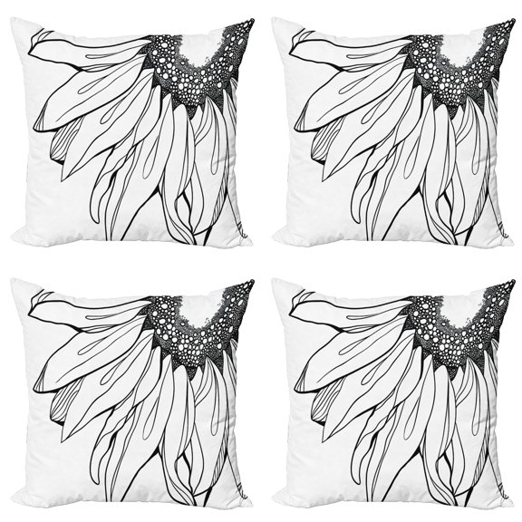 Ambesonne Leaf Throw Pillow Cover 4 Pack, Sunflower Botany Growth, 24", Black White