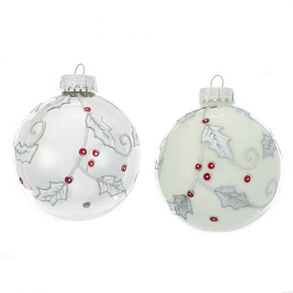 Kurt Adler 80MM White and Silver Glass Ball Ornaments With Holly Design