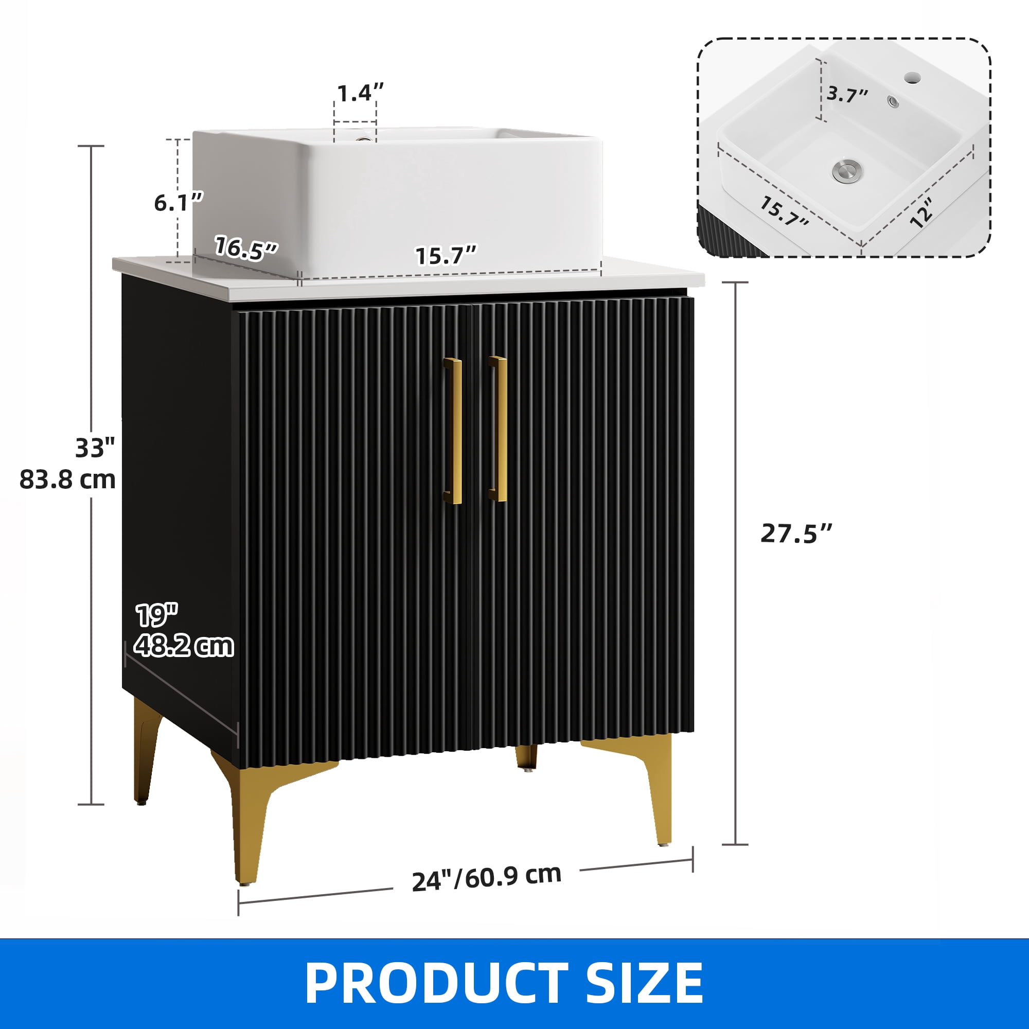 Uforic 24" Bathroom Vanity with Sink Top, Freestanding Bathroom Storage Cabinet with Door, Black