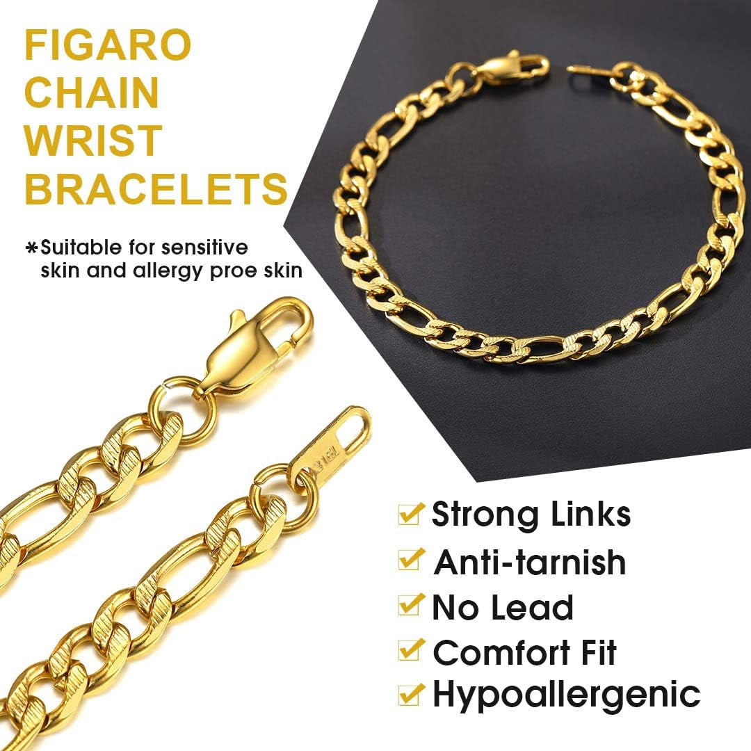 ChainsHouse 14k Gold Plated Figaro Link Bracelets for Women Men 9mm Hypoallergenic Jewelry Gift, 8.3inch