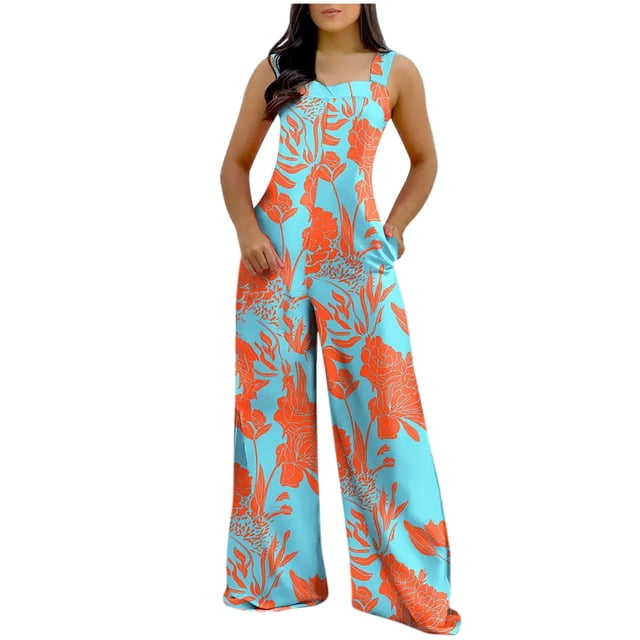 Jumpsuits for Women Summer Sleeveless High Waisted Color Printed Wide Leg Pants Rompers Playsuits with Pockets