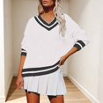 thumbnail image 2 of BODOAO Sweaters for Women Oversized V Neck Varsity Stripe Knit Pullover with Long Sleeves Preppy Casual Top for Fall Winter College Style and Weekend Outfits White 2XL, 2 of 4