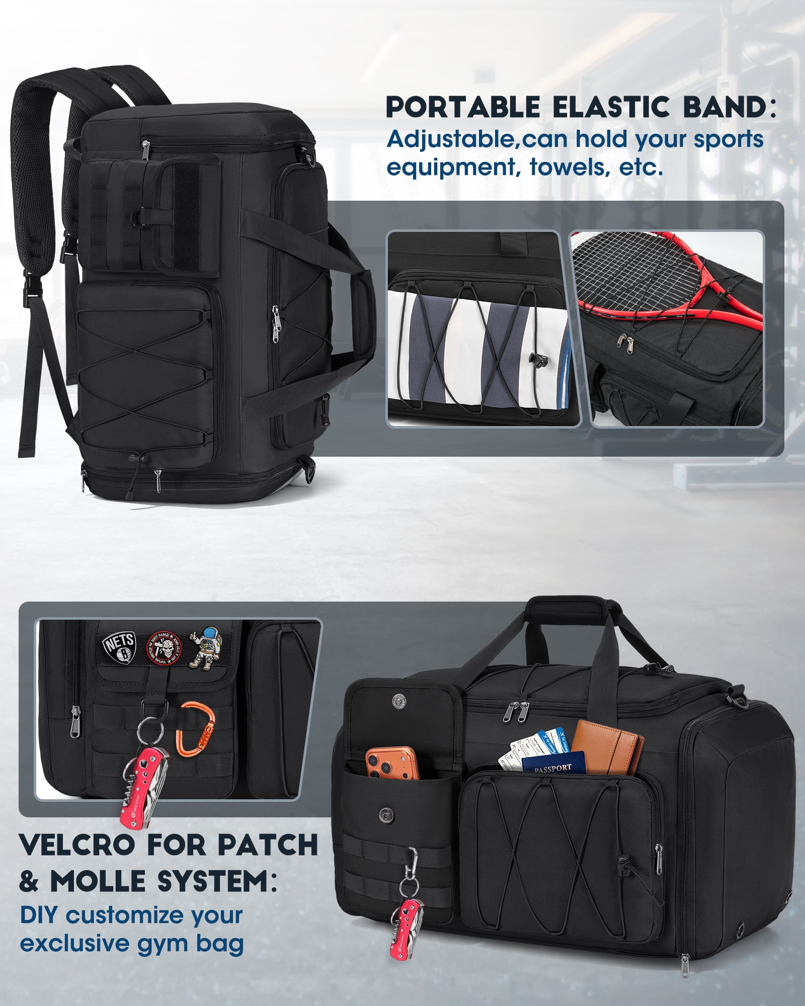 Gym Bag for Men 45L Sports Duffel Bags 3-in-1 Travel Duffel Bag with Shoe Compartment,Gym Workout Backpack Weekender Bag Overnight Bag for Travel, Black