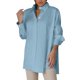 thumbnail image 1 of Blusa holgada con botones para mujer: cuello en V con solapa, mangas largas abullonadas con volantes, vestido camisero de color liso, adecuado para fiestas/playa, tallas S/XXXXL., 1 of 5