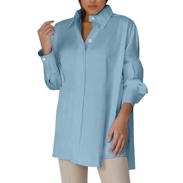 Blusa holgada con botones para mujer: cuello en V con solapa, mangas largas abullonadas con volantes, vestido camisero de color liso, adecuado para fiestas/playa, tallas S/XXXXL.