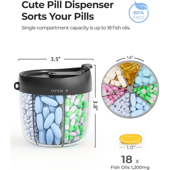 Cute Pill Dispenser with 7 Large Compartments, Portable Pill Bottle Organizer with Wide Opening for Easy Use, Anti-Mix Pill Organizer for Travel, BPA-Free Pill Container, White