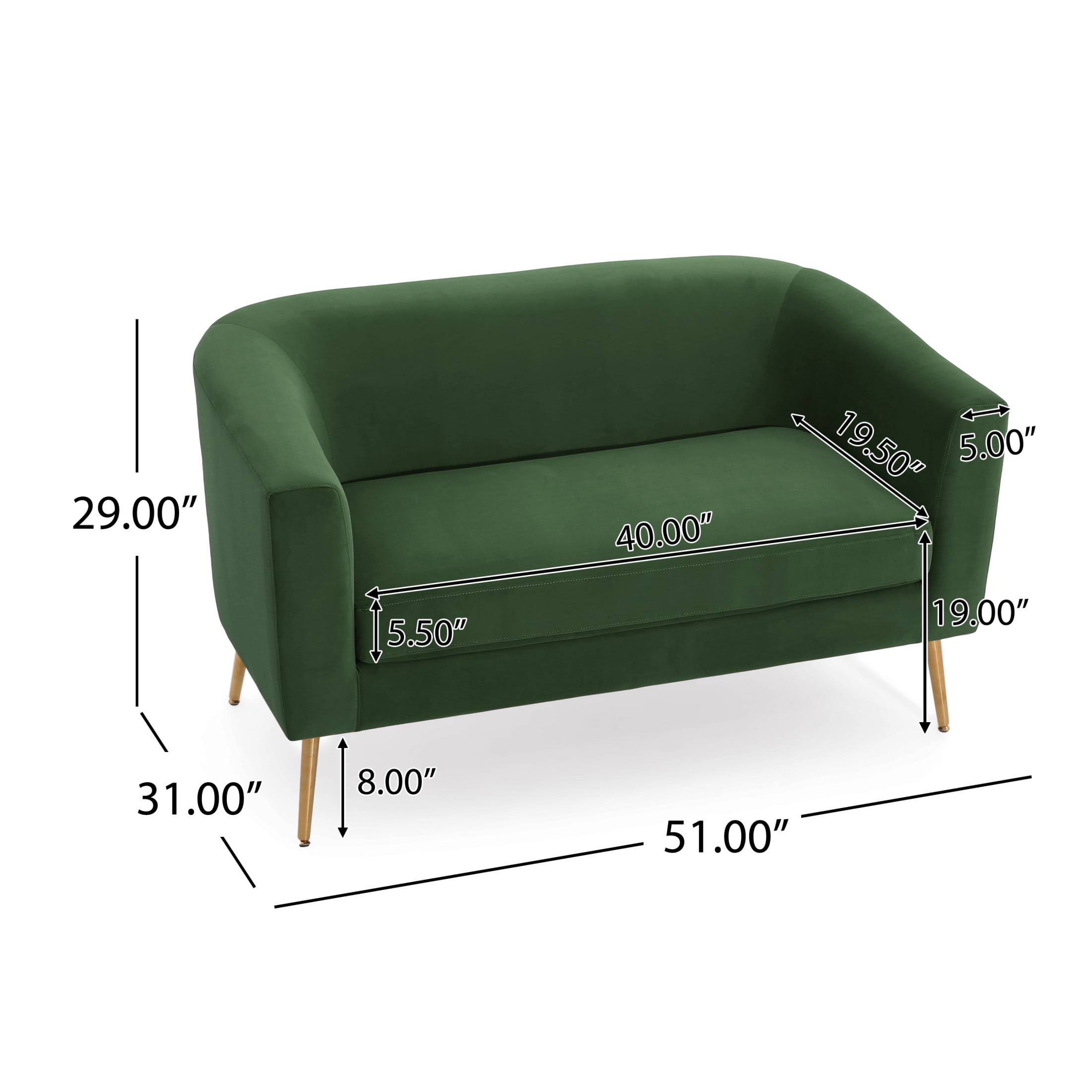 Noble House Modern Velvet Loveseat for Living Room 2 Seater, Forest Green