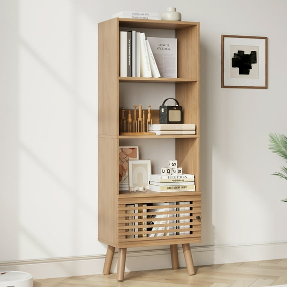 Mid-Century Modern Bookshelf with Slatted Door, 55" H Small Narrow Corner Bookcase, 4 Cube Bookcase with Open Shelf, Display Storage Cabinet for Living Room, Home Office, Oak