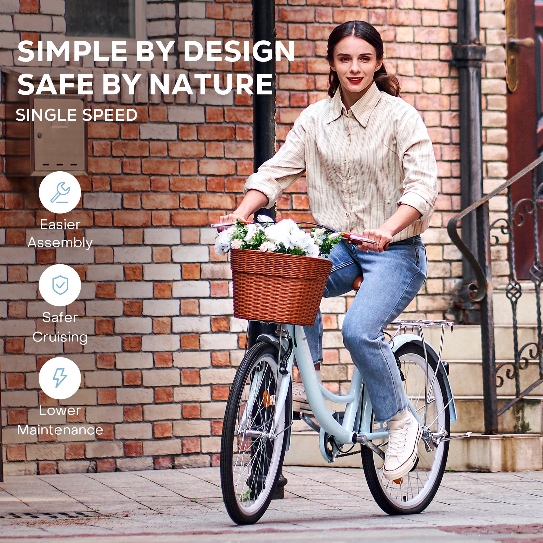 Viribus 24 inch City Cruiser Bicycle with Carbon Steel Frame Dual V Brakes Basket,Commute Bike for Women Adults,Blue