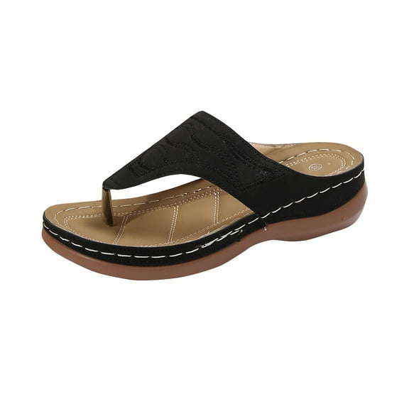 Xfvqtps Orthopedic Sandals for Women Wedge Shoes Flip Flops Arch Support Embroidery Simplicity Soft Sole Comfortable Breathable Casual Summer Beach Walking Sandals Black
