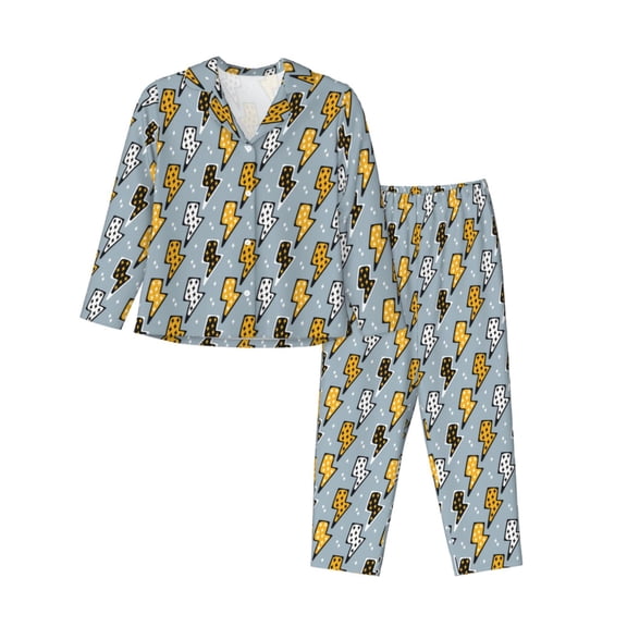 Xecao Lightning Bolts Print Women Pajamas Set Soft Sleepwear Pjs long Sleeve Button Down Nightwear with Long Pants-Small