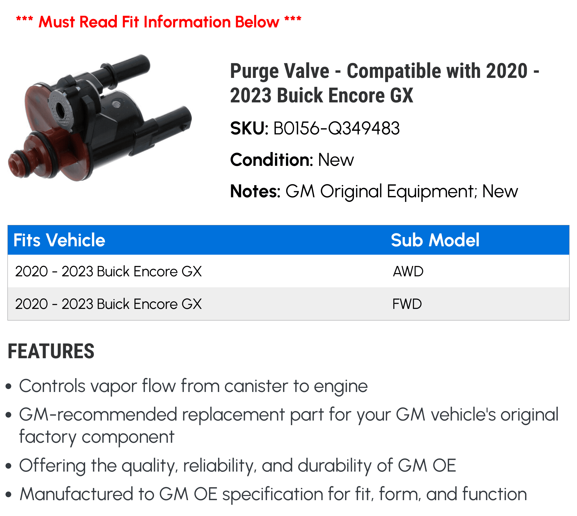 Purge Valve - Compatible with 2020 - 2023 Buick Encore GX - AC Delco