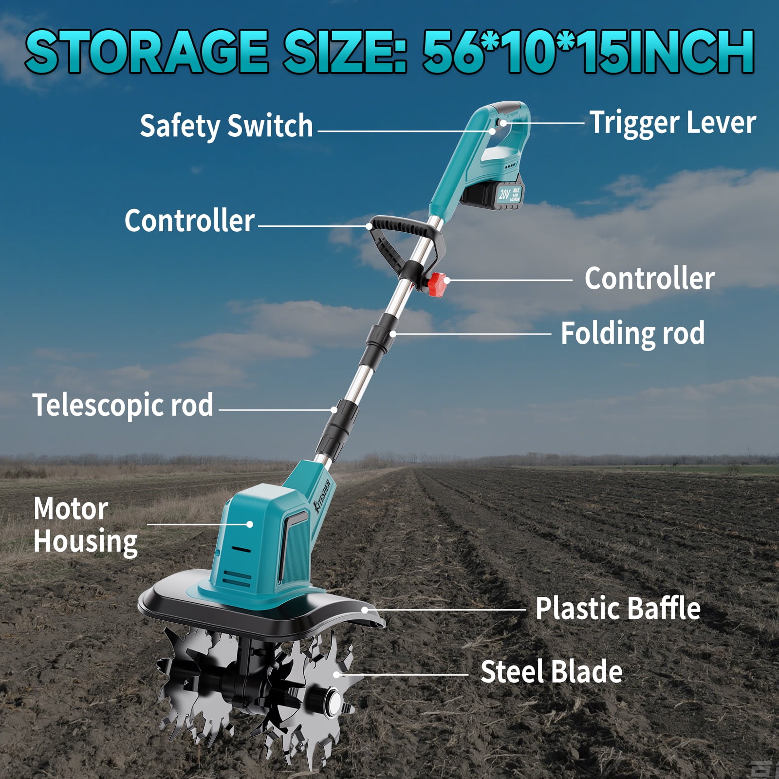 Garden Tiller Cultivator, Manganese Steel Tines, 2×Battery & Charger, for Soil Tilling Weeding Plowing, Compact Lightweight Garden Tool, Local Warehouse Shipping