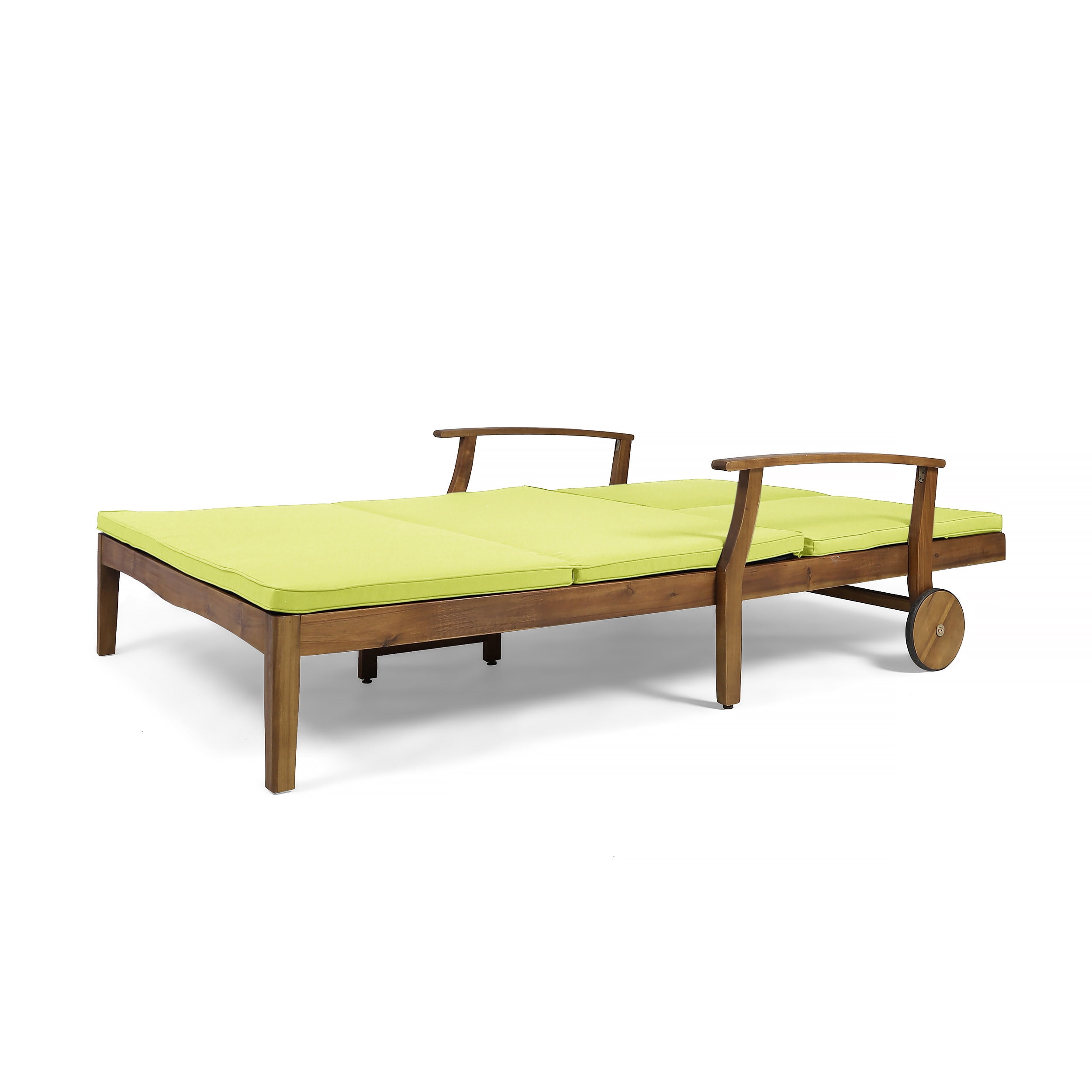Outdoor Double Person Chaise Lounge, Dual Seat Recliner Chair for Patio Garden, Teak and Green