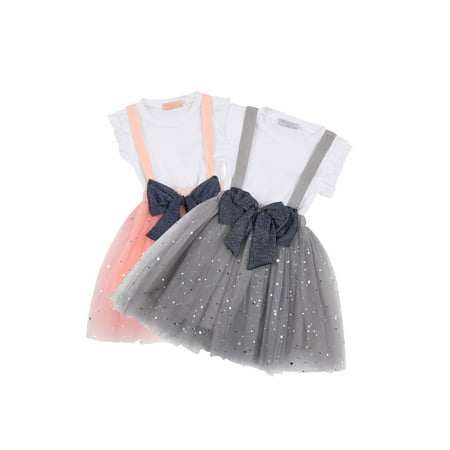 

EYIIYE Kids Girls Solid Color Fly Sleeve Pullover Tops and Sequin Suspender Gauze Skirt Suit
