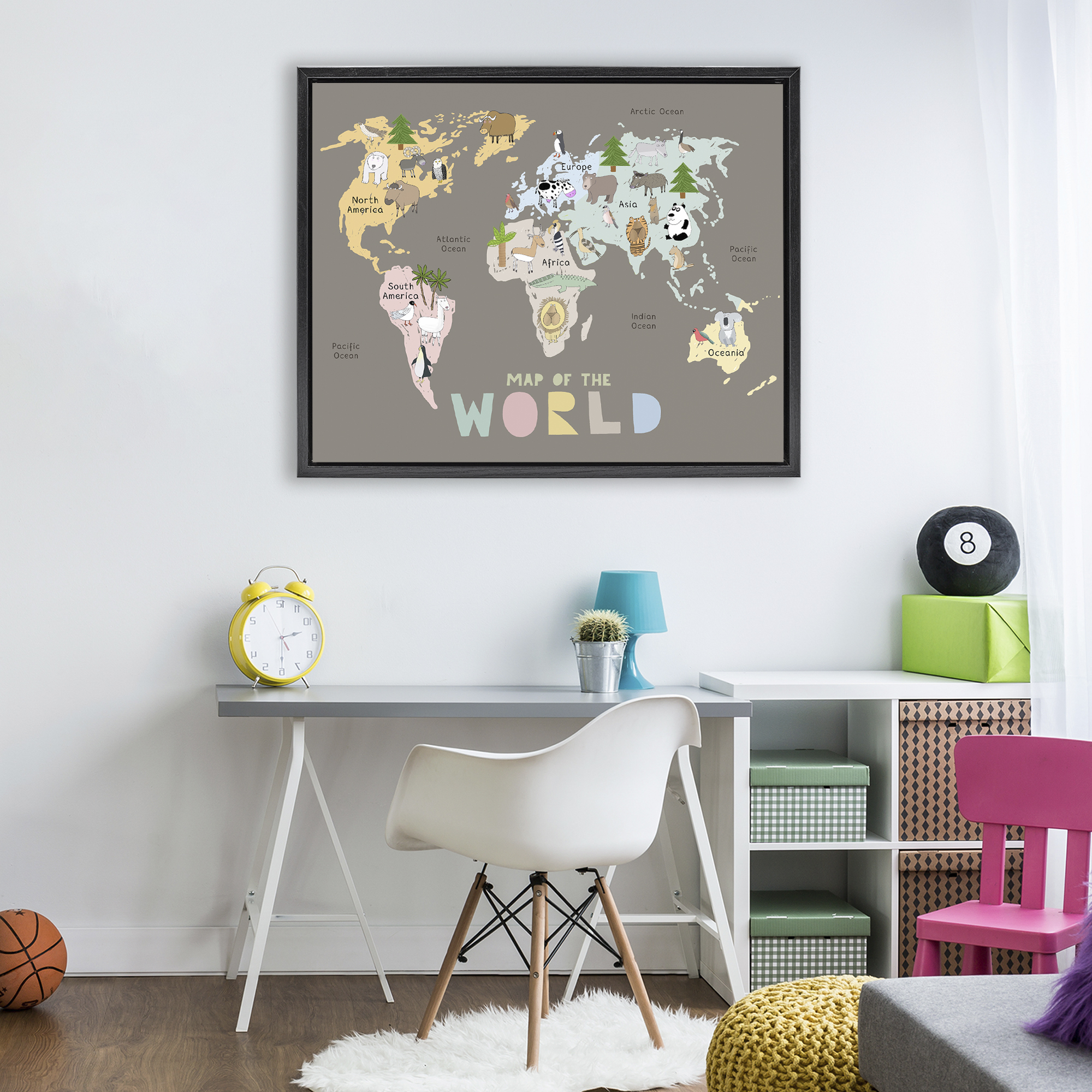 Kid's Map Of World Brown Black Framed Floater Canvas Wall Art, design by Carla Daly