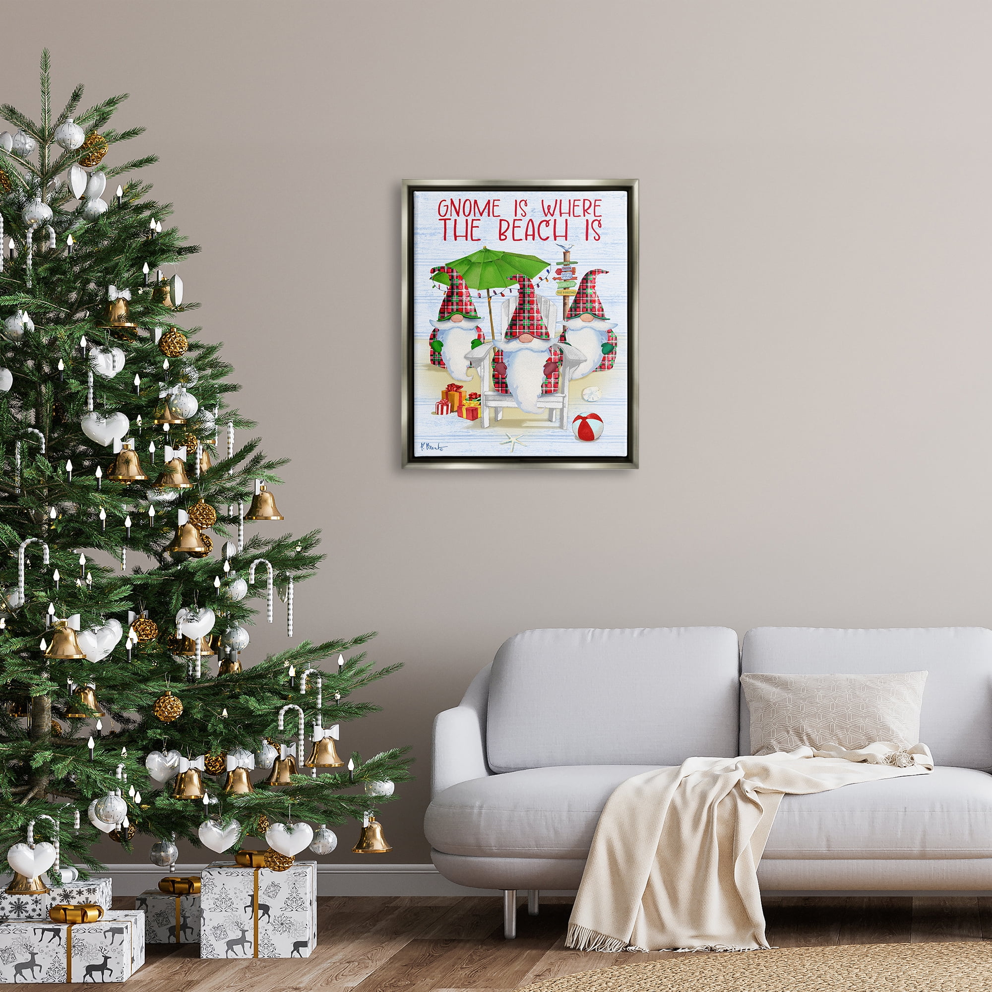 Stupell Industries Tropical Christmas Gnomes Holiday Painting Gray Floater Framed Art Print Wall Art, 25 x 31