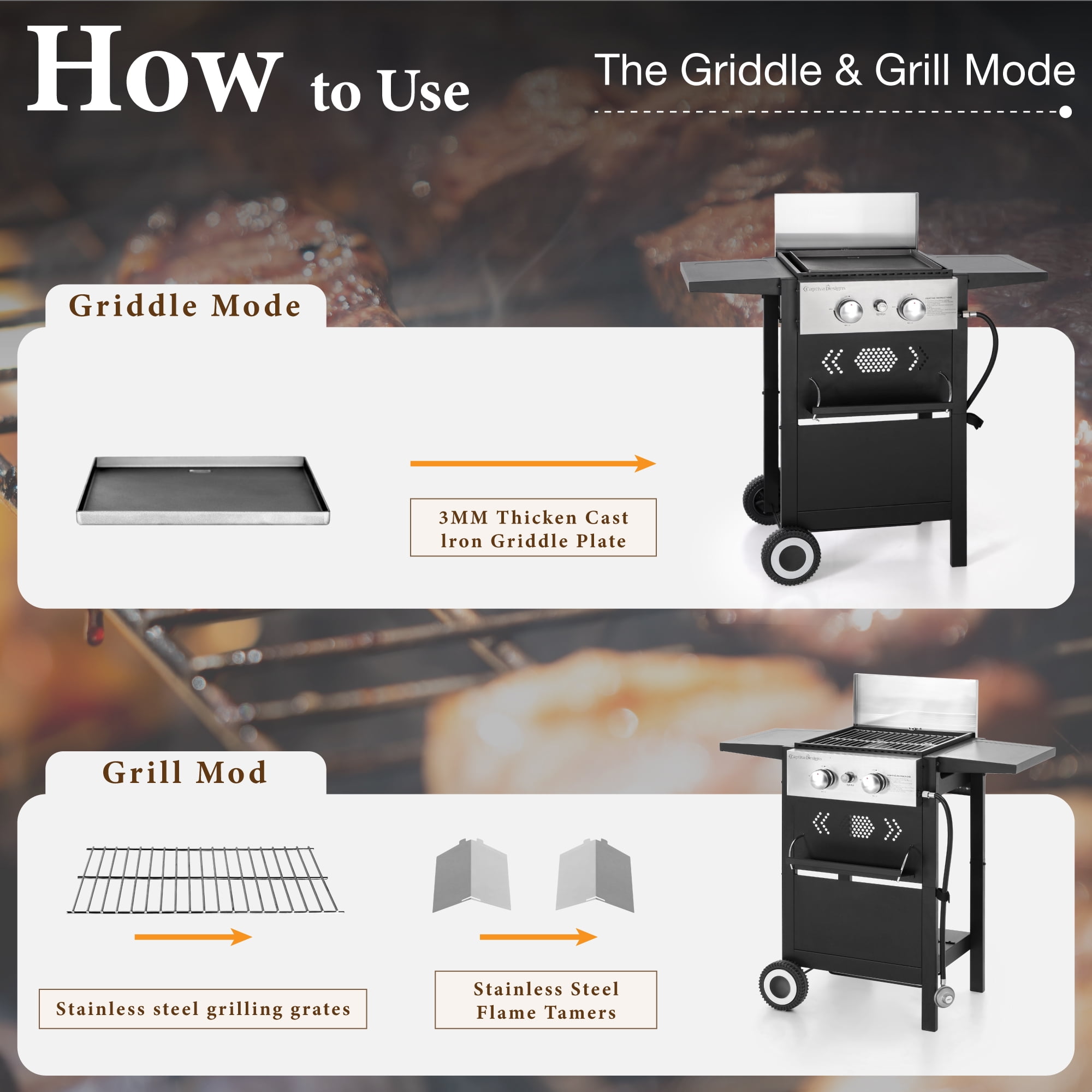 PHI VILLA 2-Burner Propane Grill and Griddle Cooking Station with Side Shelves Black