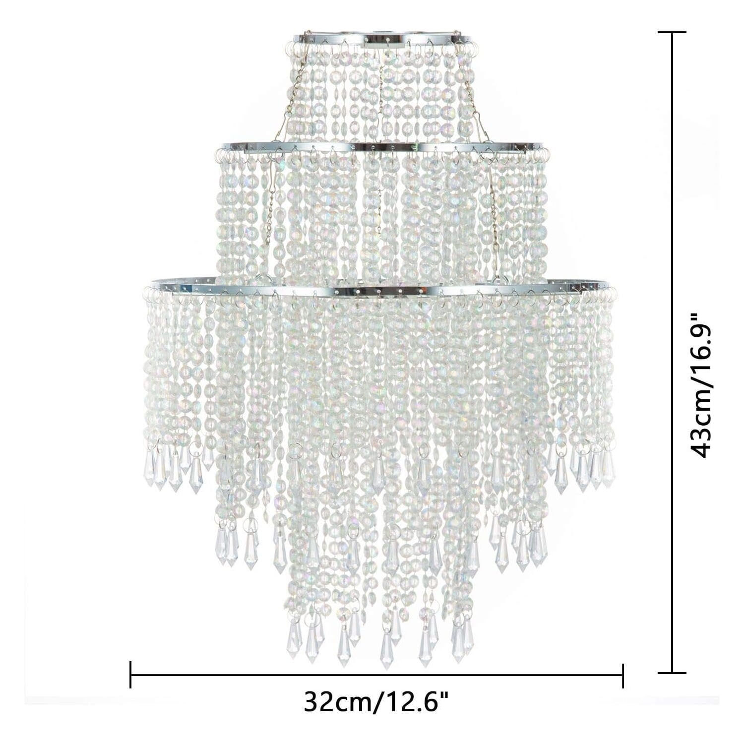 Modern 3-Tier Beaded Chandelier Shade - Chrome Frame with Clear Acrylic Jewel Droplets - 12.6" Diameter Ceiling Pendant Light Fixture for Bedroom & Living Room