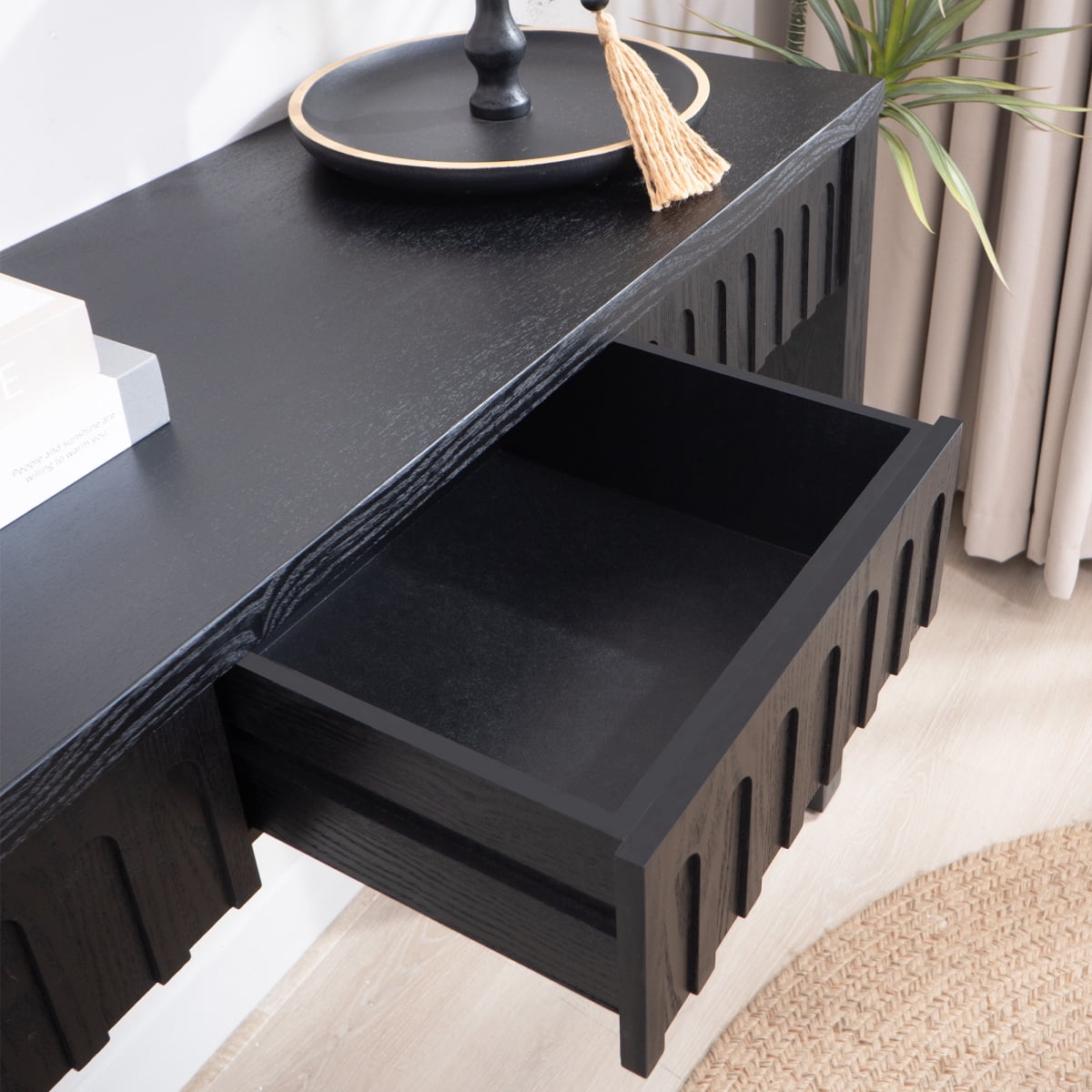 Hassch Modern 59.2" Console Table with Carved Drawer Fronts, Engineered Wood Hallway, Sofa, or Accent Table, Narrow Design for Small Spaces, Black/Natural