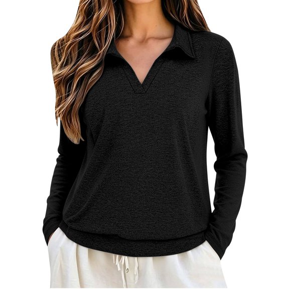 Sillenn Womens Long Sleeve Polo Shirts Loose Fit Collared V Neck Golf Tunic Tops Soft Lightweight Dressy Casual Work Office Blouses Plus Size Stretchy Business Casual Trendy Fall Outfits Black S