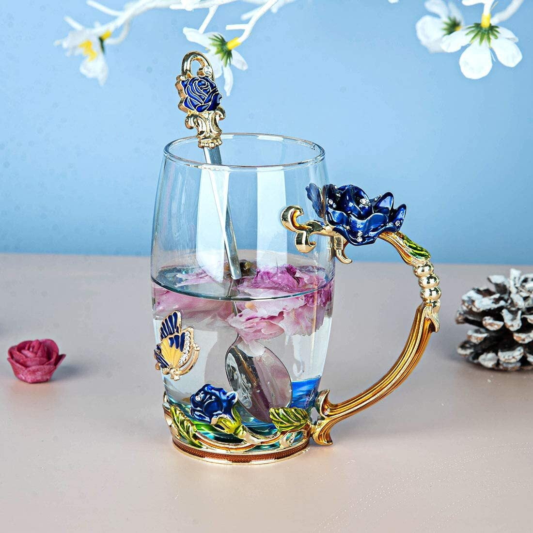 Longwin Enamel Glass Mug Butterfly Flower Lead-Free Drinking Tea Cup Coffee  Mugs with Steel Spoon Set for Women Birthday Valentines Wedding Day Gifts
