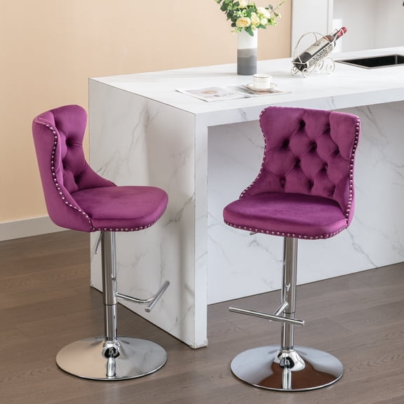 Nmkwnr 2 Pack Velvet Barstools with Metal Frame and Footrest, Swivel Adjusatble Height Bar Stools for Kitchen, Dining Room, Bar, Purple