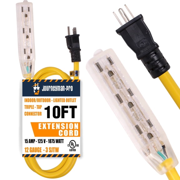 Lighted Outdoor Extension Cord - Heavy Duty Yellow Power Cable Splitter by Journeyman-Pro 5-15P to Three Electrical Outlets (Inline Triple-Tap) 5-15R 15 AMP 125 Volts Short 6' 10' FT (Yellow - 10 FT)