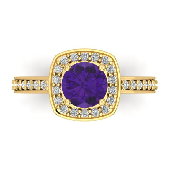 1.335 ctw with Simulated Diamond Halo Accents Anniversary Ring for Women | Round Cut Natural Amethyst | Hyperallergenic Solid 14K Yellow Gold