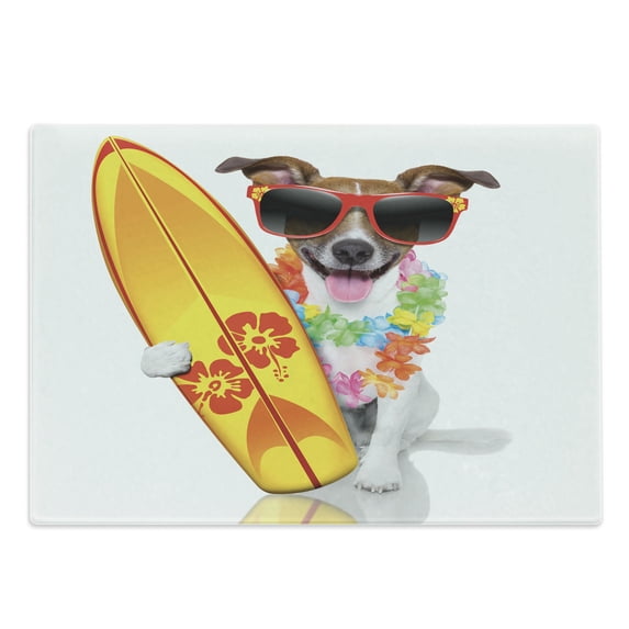 Ride the Wave Cutting Board, Surfer Puppy with Sunglasses and Tropical Hibiscus Flowers Hawaiian Dog Print, Decorative Tempered Glass Cutting and Serving Board, Large Size, Multicolor, by Ambesonne