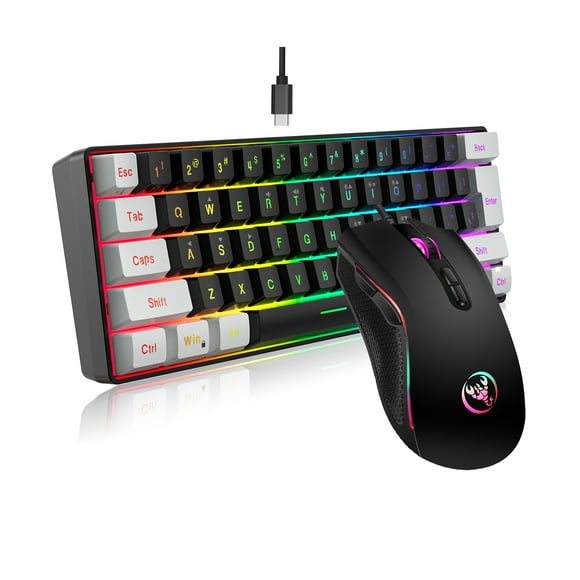 Bundle  V700BW+A869 USB Computer Keyboard and Mouse Kit with 61-key Wired RGB Backlight + Wired Gaming Mouse Colorful LED Lighting 4-Level movement speed .3200DPI for PC